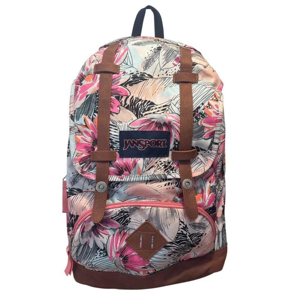 Jansport Backpack Tropical Floral Print Baughman Leather Accents 18"